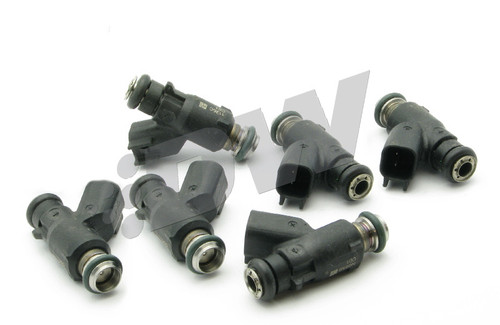 Set of six DeatschWerks 600cc fuel injectors for the Genesis Coupe 3.8 V6, showing electrical connectors and O-rings.