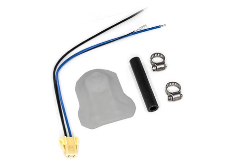 DeatschWerks DW400 fuel pump install kit for 97-07 Subaru Forester, wiring connector, rubber sleeve, hose clamps.