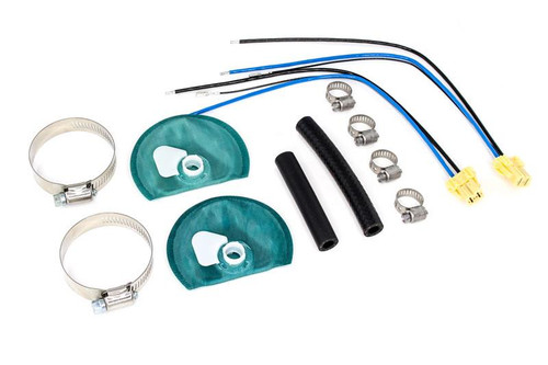DeatschWerks DW400 fuel pump install kit with hose clamps, wiring, connectors and rubber isolators, top view