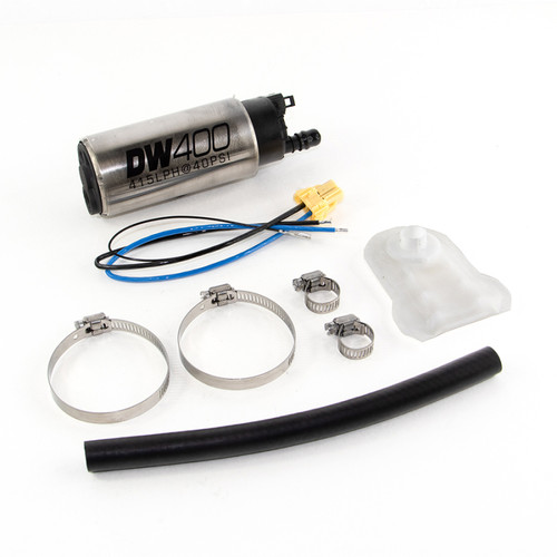 DeatschWerks DW400 fuel pump kit with wiring connector, hose clamps, rubber hose, and install cap on white background