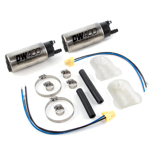 DeatschWerks DW400 415LPH fuel pumps with install kit, hose clamps, filters and wiring shown