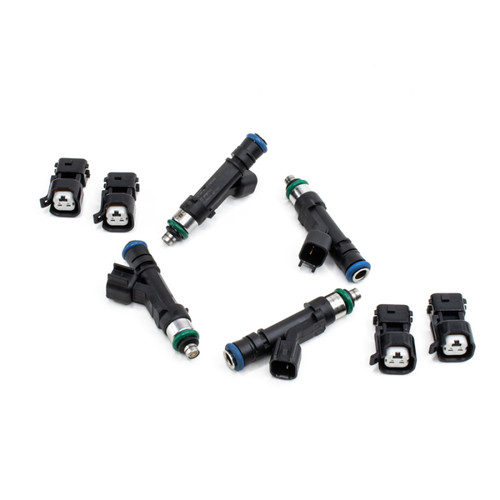 DeatschWerks 440cc top feed fuel injectors, set of 4 with electrical connectors, angled view