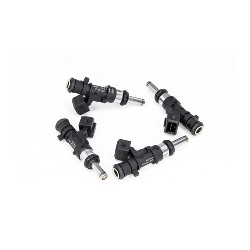 DeatschWerks 650cc fuel injectors, set of four, angled view showing electrical connectors and nozzle tips