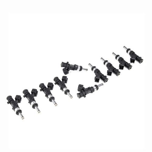 DeatschWerks 1100cc fuel injectors, set of 10, arranged in a curved row on white background