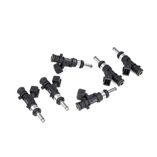 DeatschWerks 1100cc fuel injectors, set of six, angled view showing electrical connectors and o-rings