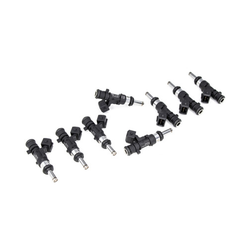 DeatschWerks 1100cc fuel injectors, set of 8, angled view showing black bodies, connectors, and fuel rail ends.