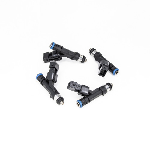 Set of four DeatschWerks 440cc fuel injectors, black bodies with blue O-rings, arranged in a diamond layout.