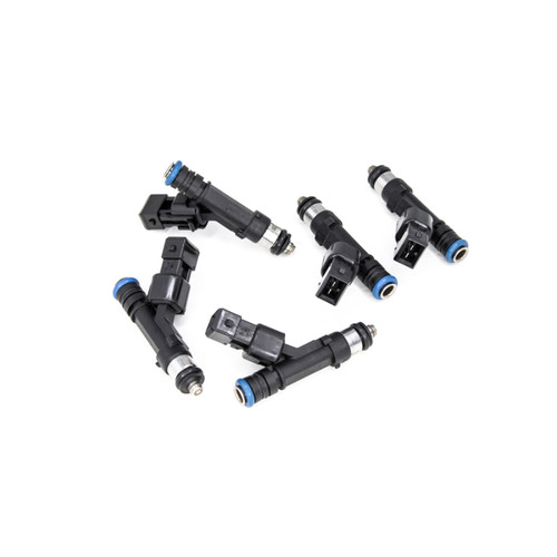 Set of five DeatschWerks 440cc fuel injectors, angled view showing electrical connectors and blue O rings.