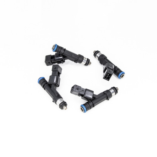 DeatschWerks 650cc fuel injectors, set of 4, top down view with blue O-rings and electrical connectors visible