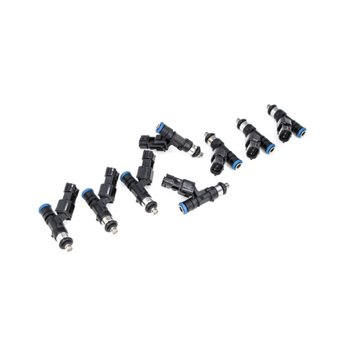 DeatschWerks 750cc fuel injectors, set of 8, black bodies with blue O-rings, angled top view showing electrical connectors