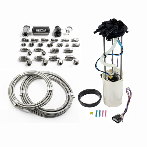 DeatschWerks DW400 fuel pump module kit with braided PTFE lines, filter, gauge, and AN fittings shown.