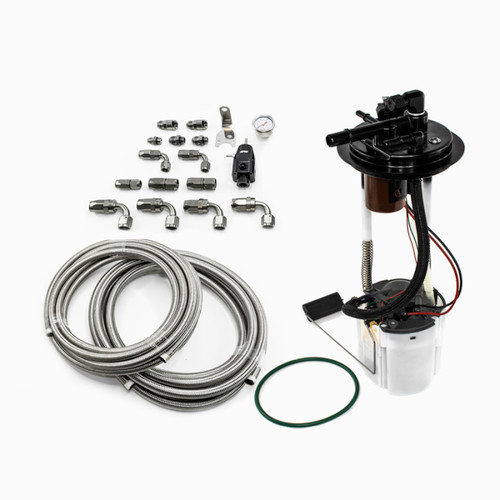 DeatschWerks DW400 fuel pump module with braided lines, fittings, gauge and green O-ring for 05-09 GM trucks
