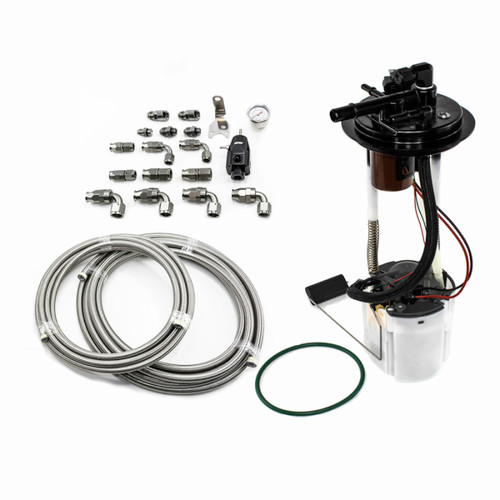 DeatschWerks DW400 fuel pump module kit with braided PTFE lines, fittings, gauge, and green float seal ring