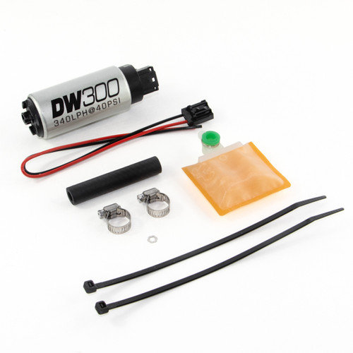 DeatschWerks DW300 in tank fuel pump kit with wiring, hose, clamps, filter sock and zip ties