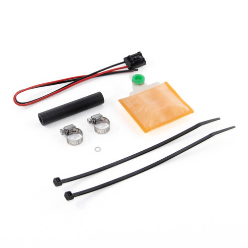 DeatschWerks fuel pump install kit with wiring connector, hose clamps, filter sock, and zip ties, laid out on white background.