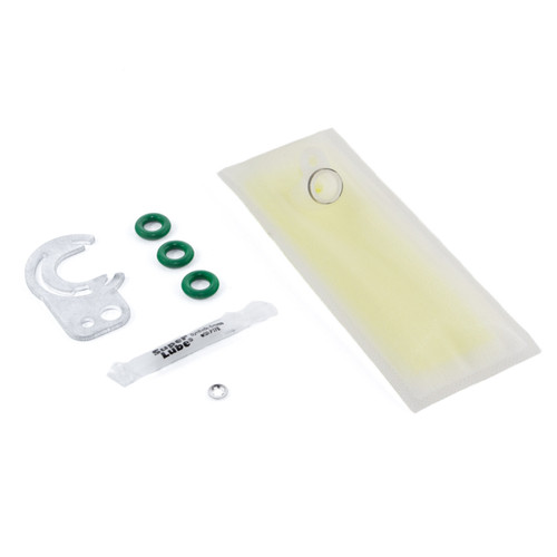 DeatschWerks 89-93 Miata fuel pump setup kit, showing bracket, green seals, lube packet, washer and gasket sheet