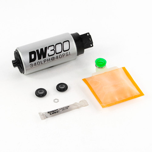 DeatschWerks DW300 in tank fuel pump kit with two grommets, filter sock, and Honda S2000 install fittings