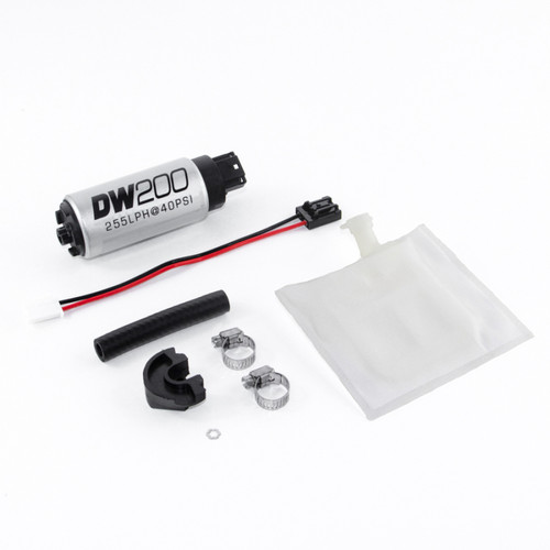 DeatschWerks DW200 255 LPH fuel pump kit with hose, clamps, connector, strainer sock and mounting bracket