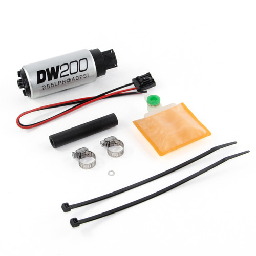 DeatschWerks DW200 255 LPH fuel pump kit with wiring, hose clamps, filter sock, and zip ties