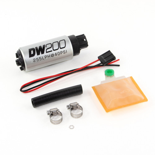 DeatschWerks DW200 255 LPH in-tank fuel pump with wiring, hose, clamps, and filter sock kit