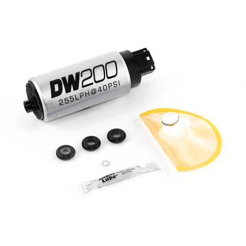 DeatschWerks DW200 fuel pump kit with grommets, filter sock, washer, and lube tube on white background