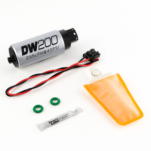 DeatschWerks DW200 255 LPH fuel pump kit with wiring harness, filter sock, o-rings, and lube packet