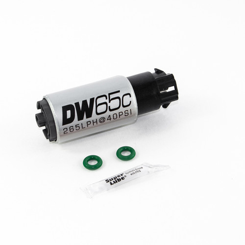 DeatschWerks DW65C 265 LPH fuel pump, angled view, with two green O-rings and Super Lube packet.
