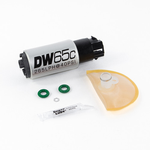 DeatschWerks DW65C fuel pump kit with two green O-rings, yellow strainer sock, and grease packet
