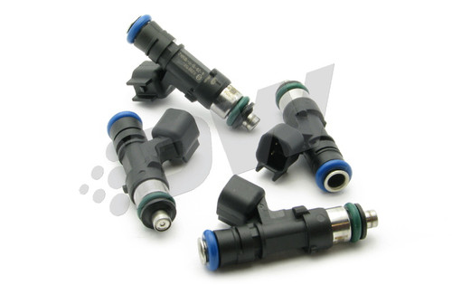 Set of four DeatschWerks 750cc fuel injectors, top down view showing blue tops, connectors and O-ring seals.