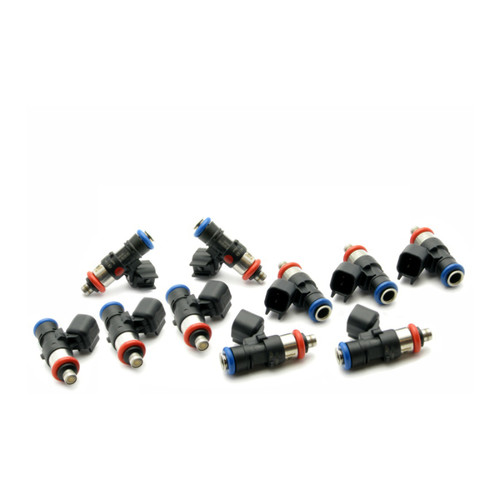 DeatschWerks 42lb fuel injectors, set of ten, angled view showing color-coded connectors and O-rings.