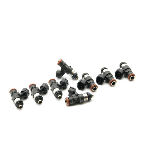 Set of 8 DeatschWerks Bosch EV14 220lb/hr fuel injectors, angled view showing black bodies, top connectors and O-rings.