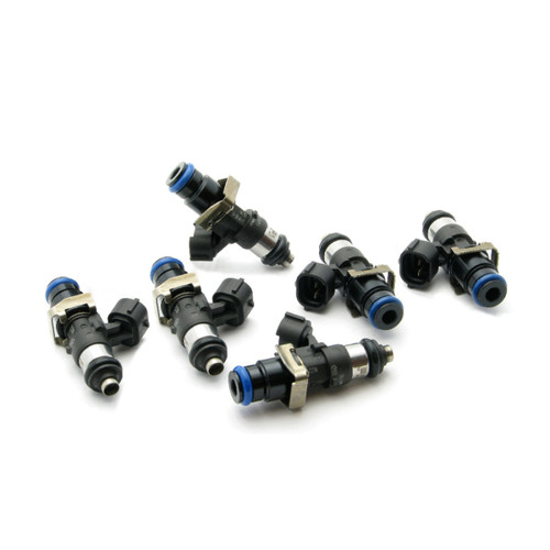 Set of six DeatschWerks EV14 220lb/hr injectors, angled top view showing blue O-rings and clip fittings.