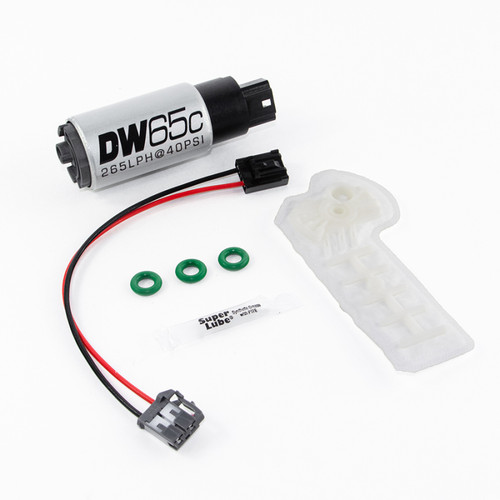 DeatschWerks DW65C fuel pump kit with wiring harness, three green seals, lube packet, and mounting bracket.