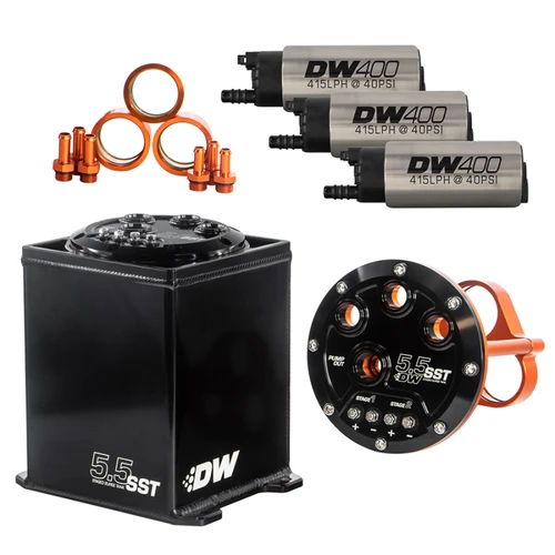 DeatschWerks 5.5L modular surge tank with 3 DW400 pumps, orange fittings and mounting hardware shown separately
