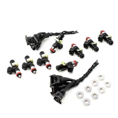 DeatschWerks 1500cc fuel injector set of 8 with wiring harness connectors and mounting washers shown together