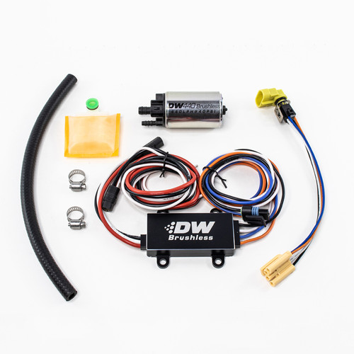 DeatschWerks DW440 brushless fuel pump kit with dual speed controller, hose, clamps and wiring harness