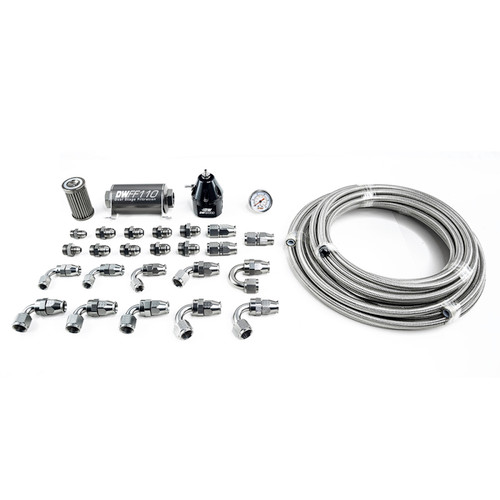 DeatschWerks X2 Series -10AN PTFE plumbing kit with fuel filter, regulator, gauge, braided hose, fittings