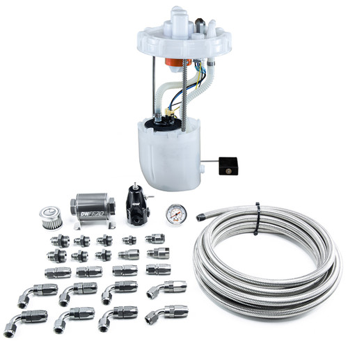 DeatschWerks DW400 fuel pump module with fuel filter, regulator, gauge, braided lines, and AN fittings kit