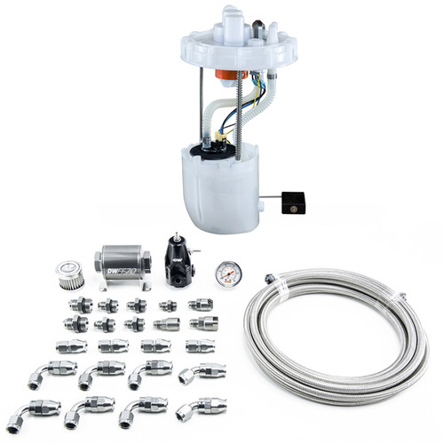 DeatschWerks DW400 fuel pump module with braided PTFE lines, filter, regulator, gauge and fittings laid out