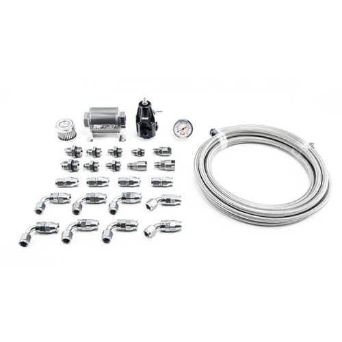 DeatschWerks DW400 return plumbing kit with fuel filter, regulator, PTFE hose, and AN fittings laid flat