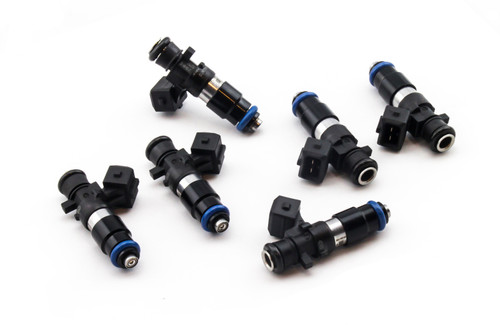 DeatschWerks EV14 1200cc fuel injectors, set of six, black bodies with blue O-rings, top angle view