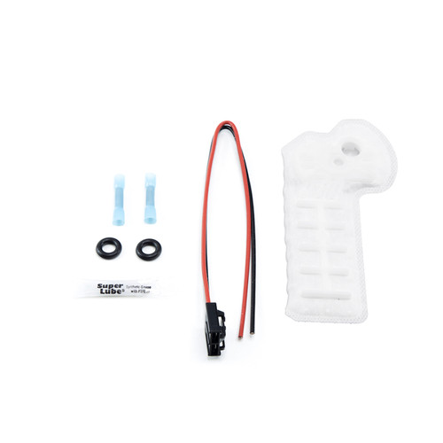 DeatschWerks DW300C fuel pump install kit, wiring connector, seals, clips, grease and foam bracket, top view