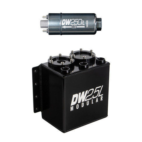 DeatschWerks 2.5L Modular Surge Tank with DW250iL in-line fuel pump, front angle view showing fittings and ports