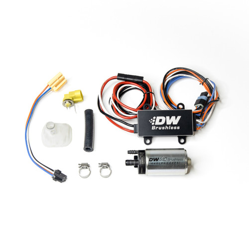 DeatschWerks DW440 brushless fuel pump kit with controller, wiring harness, clamps, and connectors for Ford Mustang GT