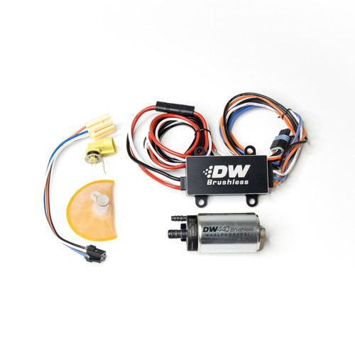 DeatschWerks DW440 brushless fuel pump kit with controller, wiring harness, filter sock and connectors, top view