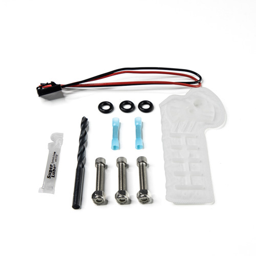 DeatschWerks DW300C install kit contents: wiring harness, drill bit, o rings, bolts, silicone boot