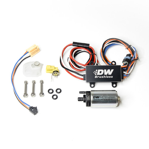 DeatschWerks DW440 brushless in tank fuel pump kit with C102 controller, wiring harness and install hardware laid out flat