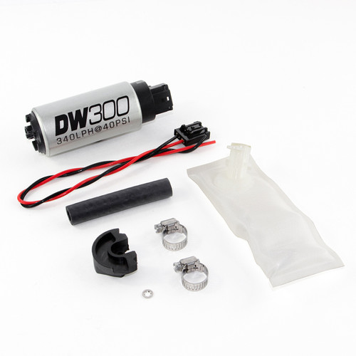 DeatschWerks DW300 fuel pump kit with pump, wiring harness, hose clamps, filter sock, and rubber mount shown