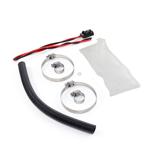 DeatschWerks fuel pump install kit with wiring connector, hose clamps, rubber hose and clear sleeve, top view