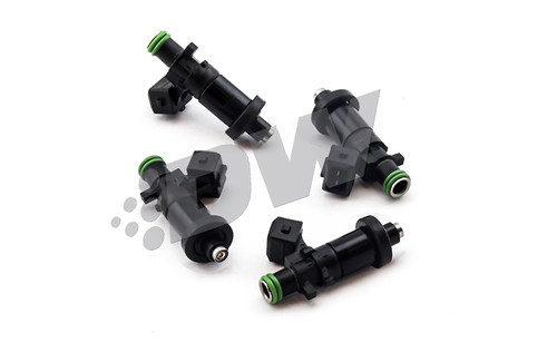 DeatschWerks EV14 1200cc fuel injectors, set of four, black bodies with green O-rings, angled view